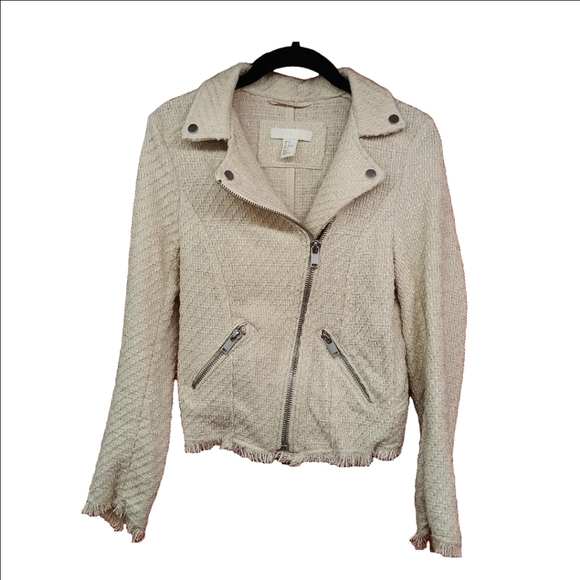 H&M Jackets & Coats | Size 2 | Tweed Moto Jacket Blazer In Cream W/ Fringe Hem - Picture 3 of 6